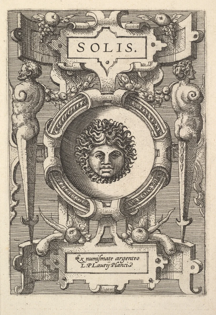 Bust of Sol surrounded by strapwork, from "Deorum dearumque" by Gerard van Groeningen, print, 1573