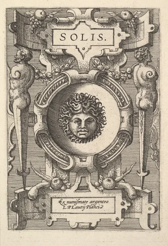 Bust of Sol surrounded by strapwork, from "Deorum dearumque" by Gerard van Groeningen, print, 1573