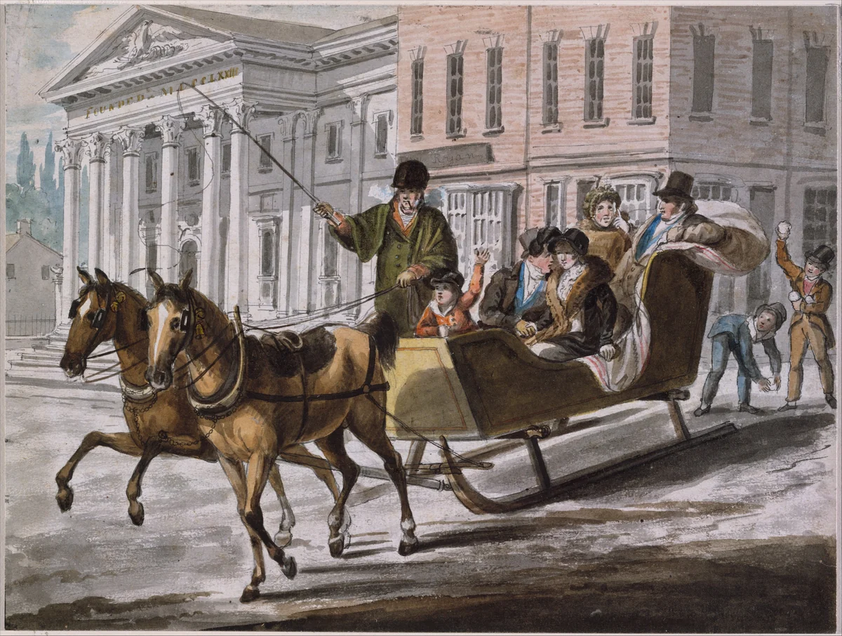Winter Scene in Philadelphia—The Bank of the United States in the Background by John Lewis Krimmel, artwork, 1811-1816