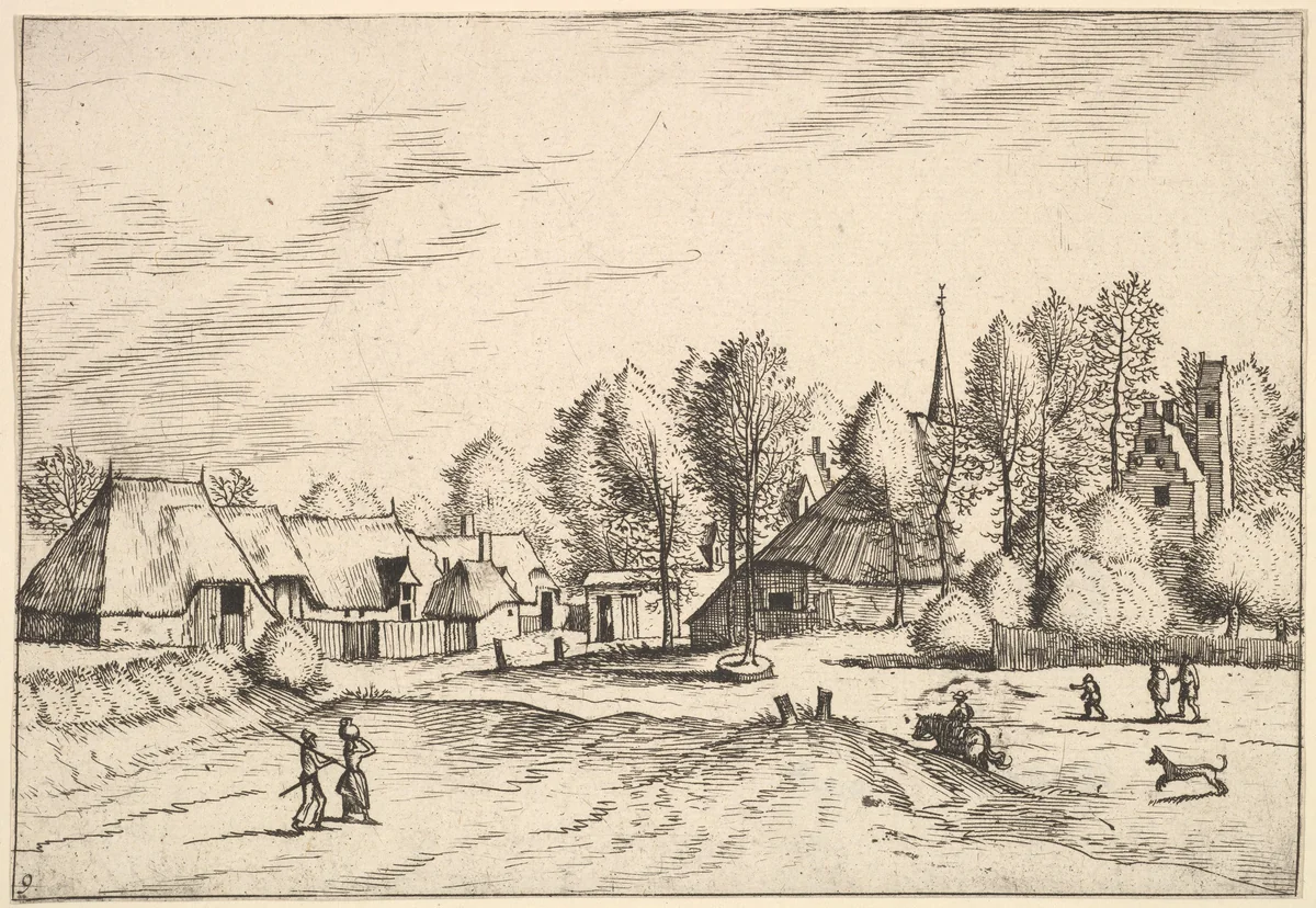 Country Village with Church Tower from Multifariarum casularum ruriumque lineamenta curiose ad vivum expressa by Johannes van Doetecum, print, 1559-1561