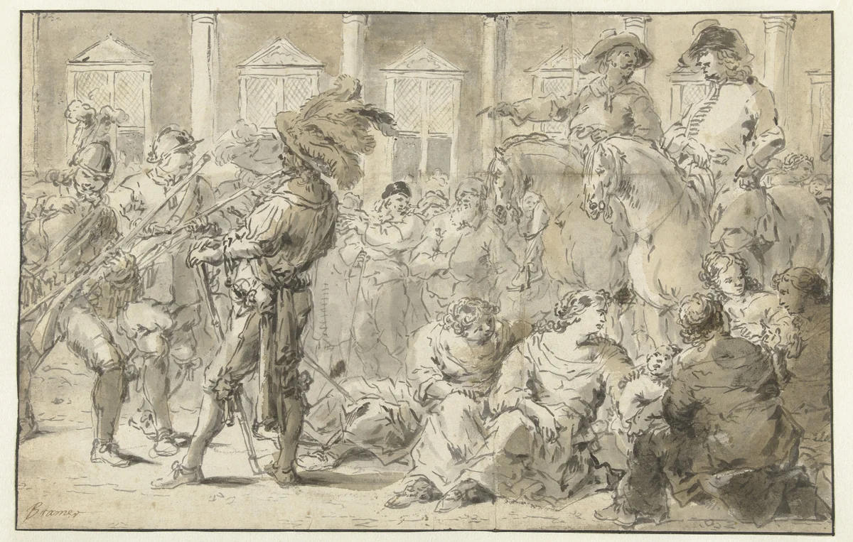 Delftse schutterij by Leonaert Bramer, drawing, 1606-1674