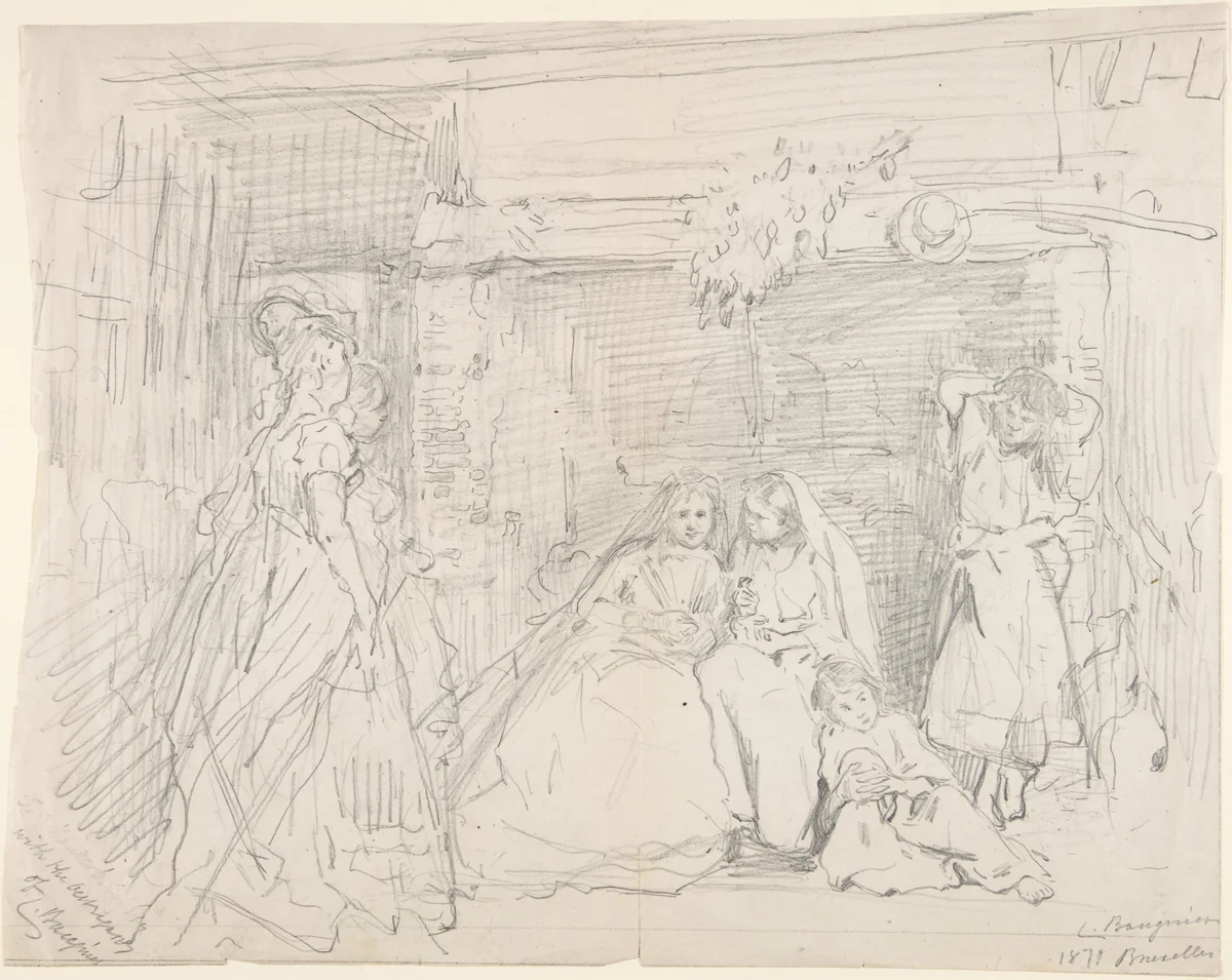 Interior with Figures before a Fireplace by Charles Baugniet, drawing, 1871