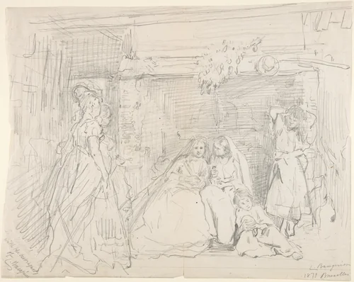 Interior with Figures before a Fireplace by Charles Baugniet, drawing, 1871