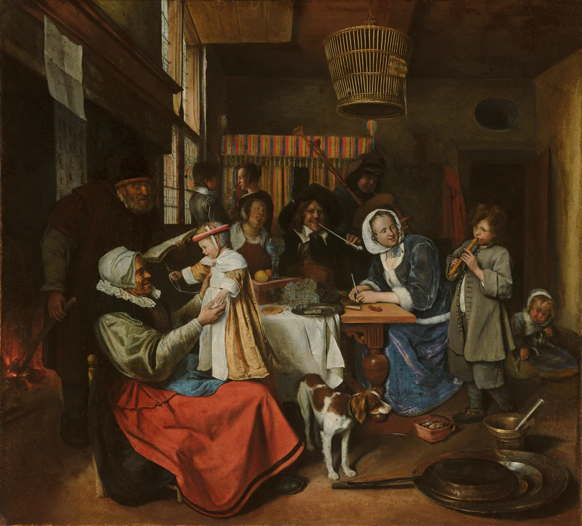 'As the Old Sing, so Pipe the Young' by Jan Steen, painting, 1663