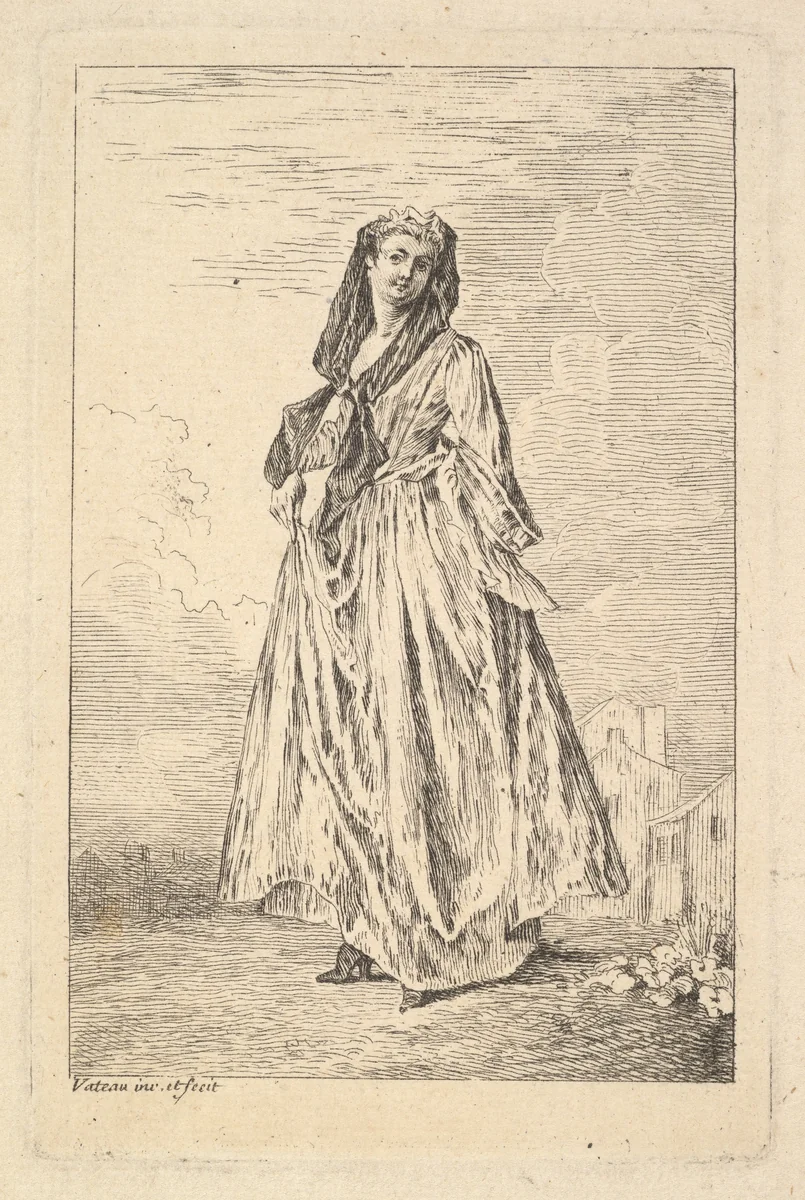 Woman walking and holding her skirt with her right hand, shown in three-quarters view with head turned toward the viewer, from "Figures of Fashion" (Figures de modes) by Antoine Watteau, print, 1710