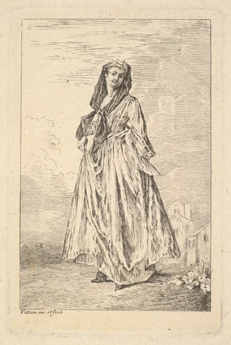 Woman walking and holding her skirt with her right hand, shown in three-quarters view with head turned toward the viewer, from "Figures of Fashion" (Figures de modes) by Antoine Watteau, print, 1710