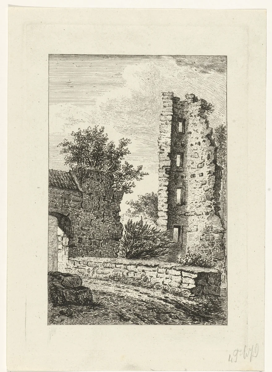 Ruïne van een toren by Reinierus Albertus Ludovicus van Isendoorn à Blois, print, 1796-1856