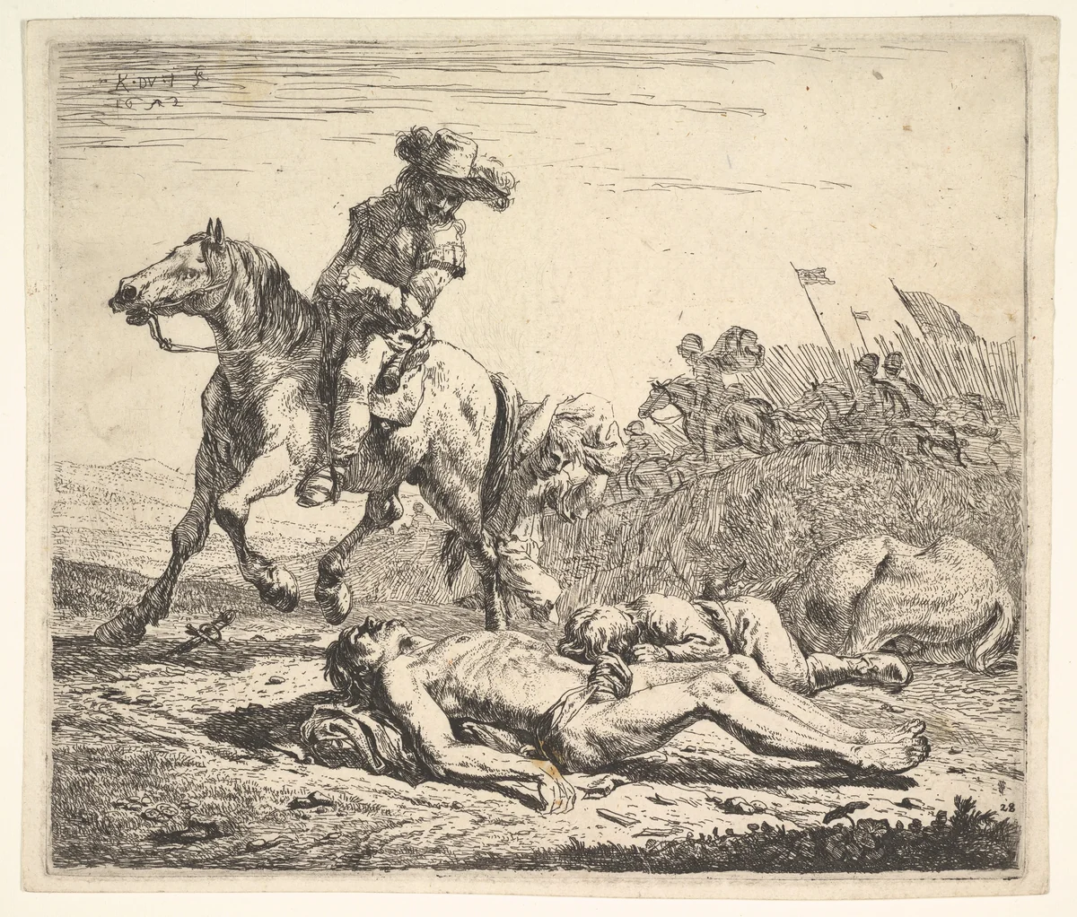 Battlefield with horseman looking over his left shoulder toward stripped corpse on the ground, a clothed figure and horse lying to the right, horsemen carrying flags beyond by Karel Dujardin, print, 1652