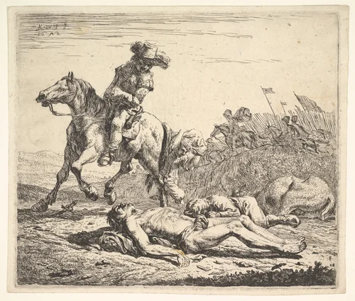 Battlefield with horseman looking over his left shoulder toward stripped corpse on the ground, a clothed figure and horse lying to the right, horsemen carrying flags beyond by Karel Dujardin, print, 1652