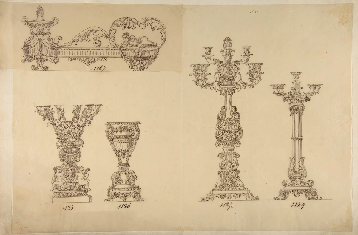 Designs for Three Candelabras and an Urn by anonymous, drawing, 1800-1899