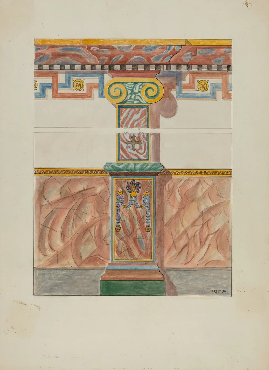 Painted Wall Decoration, Detail of Pilaster by Warren W. Lemmon, index of american design, 1936
