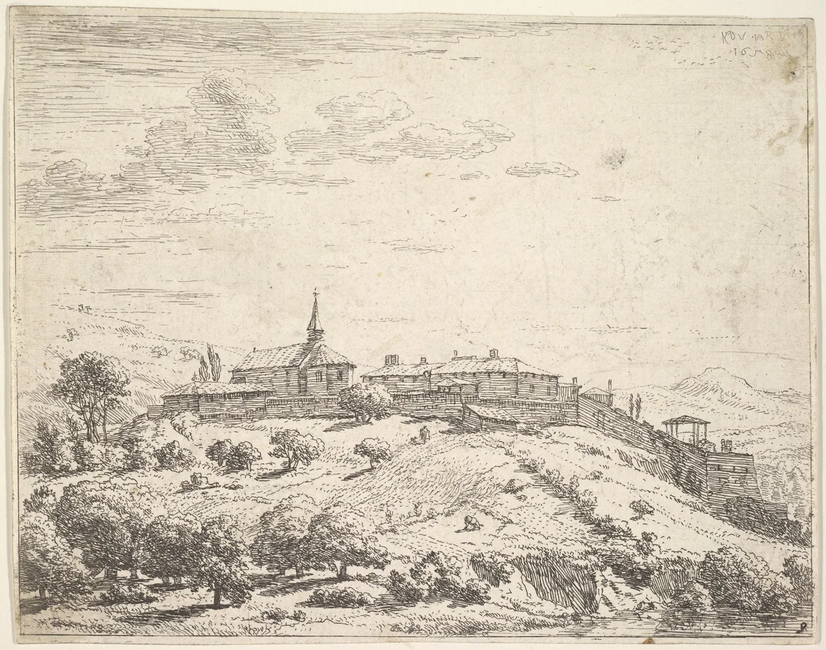 Walled village on a hill, with church at left and buildings constructed on the downslope at right, trees and hillside in the foreground by Karel Dujardin, print, 1658