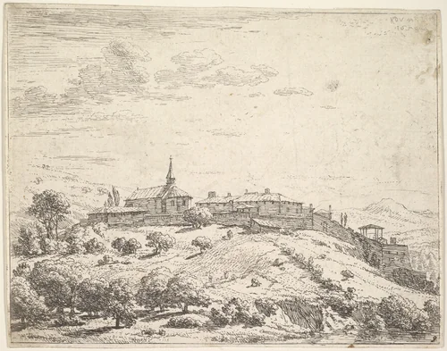 Walled village on a hill, with church at left and buildings constructed on the downslope at right, trees and hillside in the foreground by Karel Dujardin, print, 1658