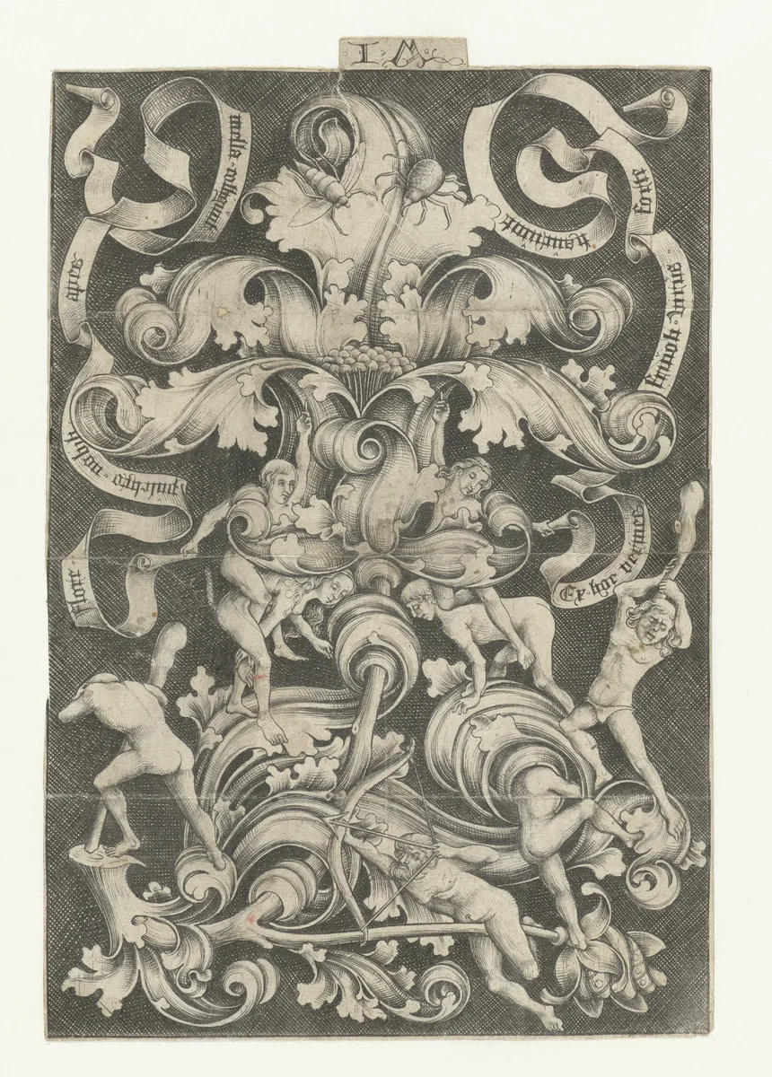 Bladrank met bloem, wildemannen en -vrouwen en insecten by Unknown, print, 1490-1500