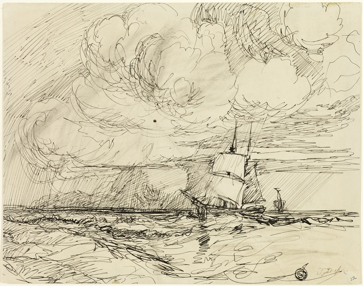 Ships at Sea During Storm by Jules Dupré or James McNeill Whistler, drawing, 1830-1849
