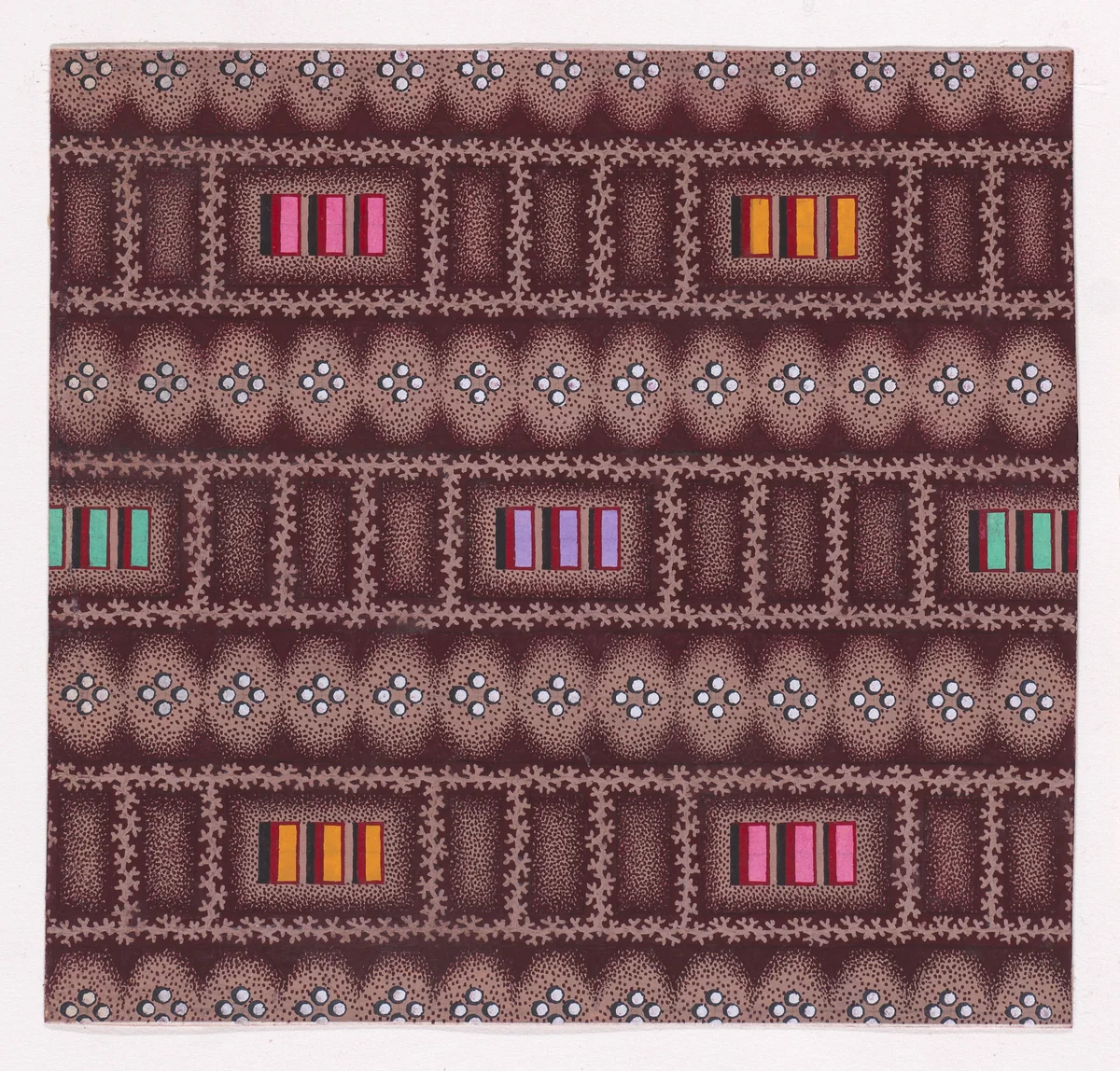 Textile Design with Horizontal Rows of Groups of Three Rectangles Framed by Garlands of Branches and Separated by Rows of Groups of Four Pearls by anonymous, drawing, 1840