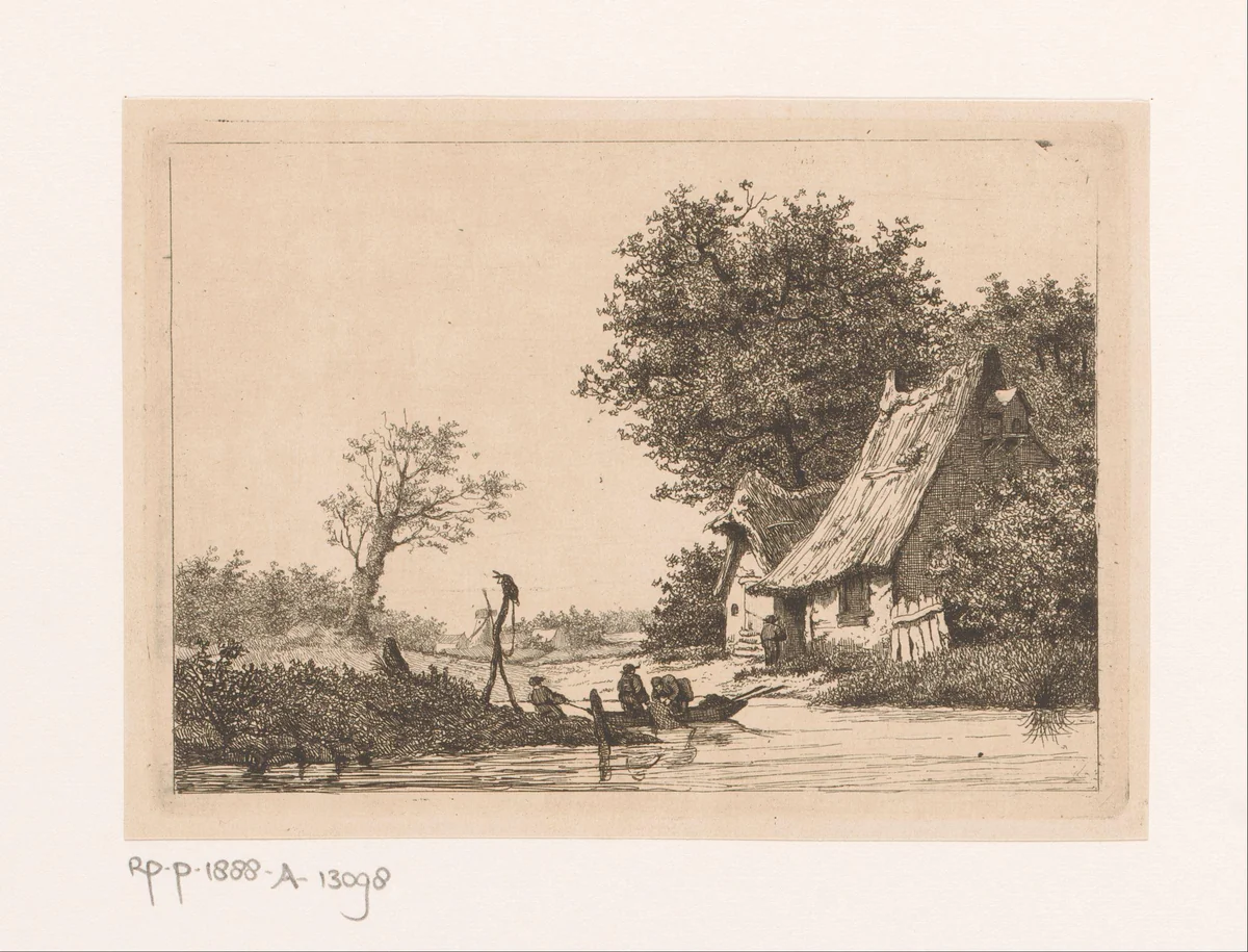 Riviergezicht met vissers bij Kruibeke by Jean Théodore Joseph Linnig, print, 1842