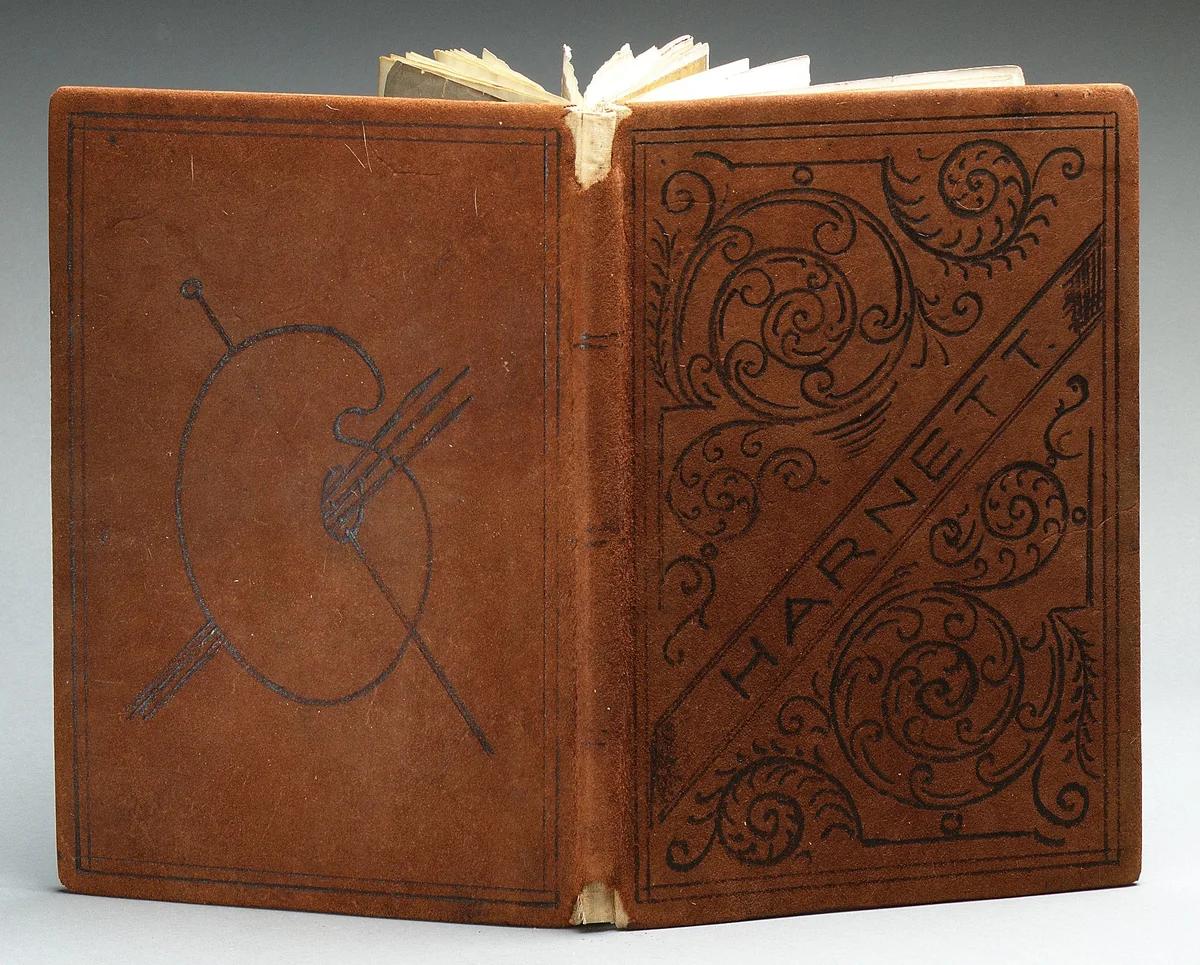 Scrapbook containing newspaper and magazine clippings, calling cards, sketches, photographs of paintings, and two sales catalogs of Harnett's (William Michael Harnett, 1848–1892) work by William Ignatius Blemly, artwork, 1848-1900