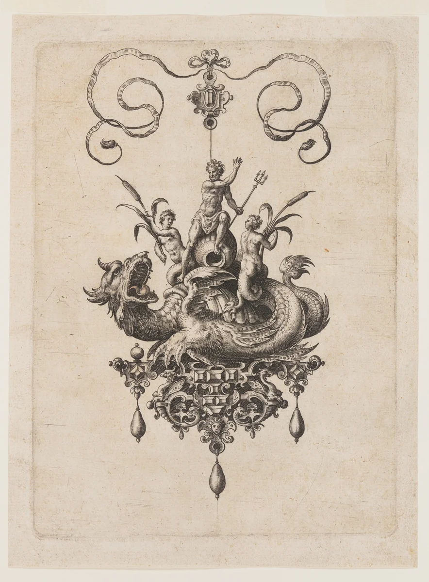 Renaissance Jeweled Pendant Sea Monsters by Adriaen Collaert, print, 1582
