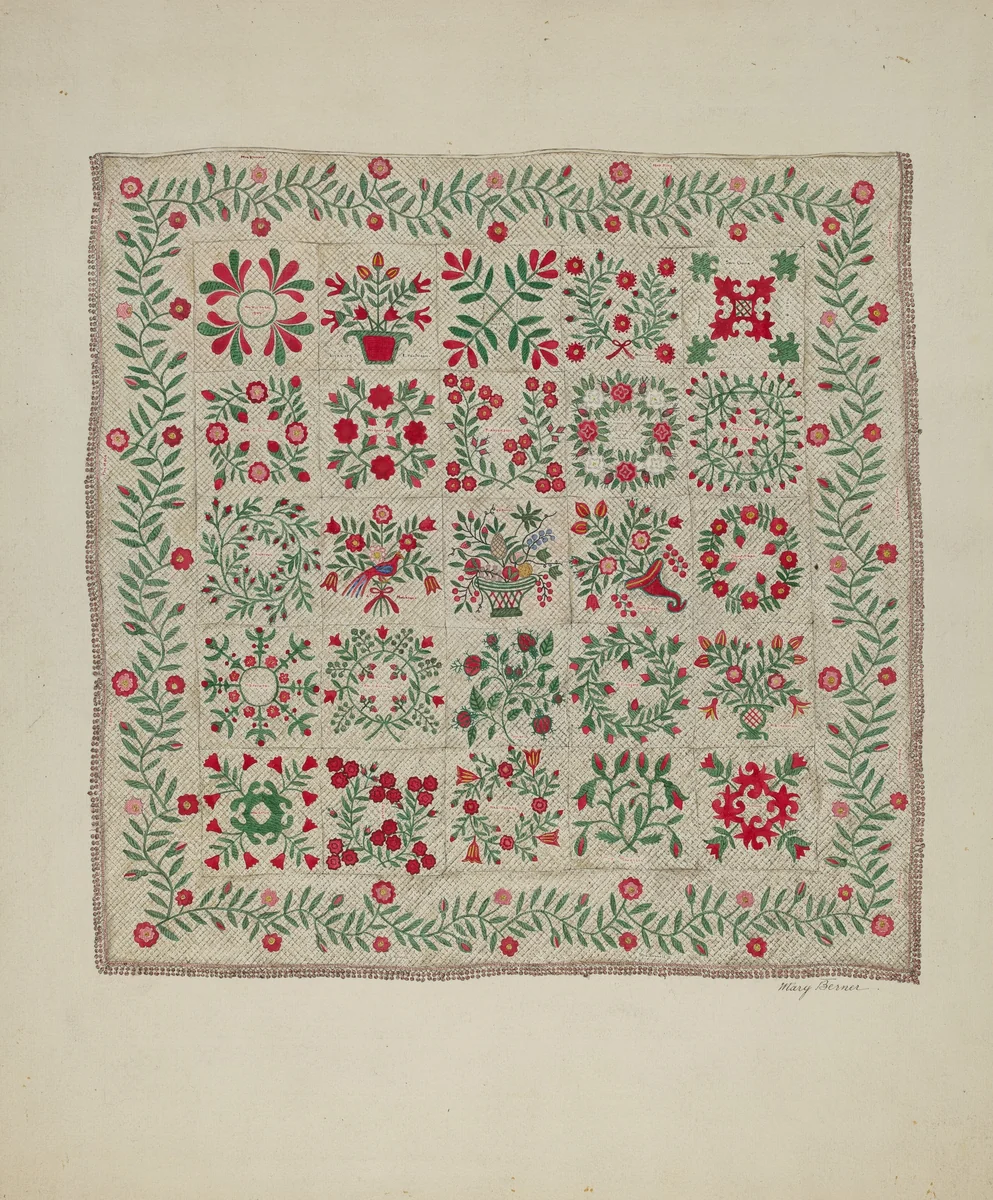 Applique Quilt by Mary Berner, index of american design, 1935-1942