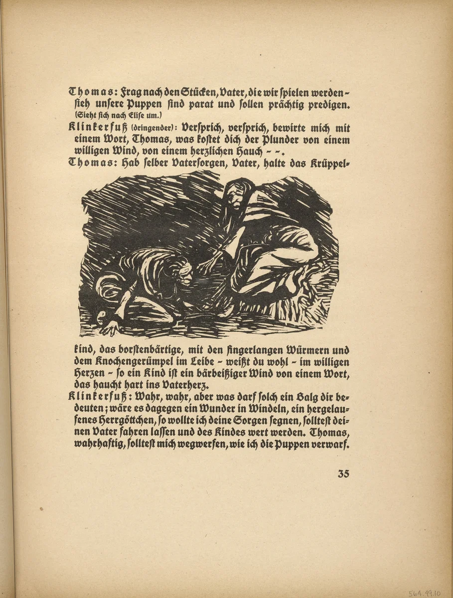 Elise, kneeling before her Mother (Elise, kniend vor der Mutter) (in-text plate, page 35) from Der Findling (The Foundling) by Ernst Barlach, illustrated book, 1922