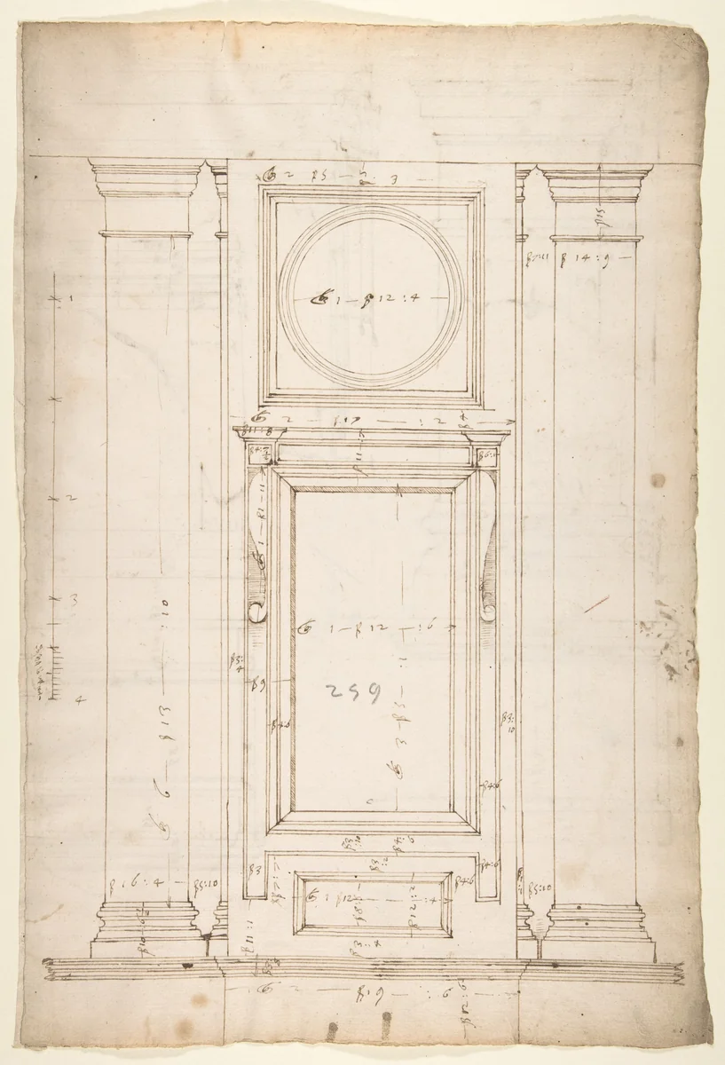 San Lorenzo, Library, Ricetto, window, elevation (recto) San Lorenzo, Library, Ricetto, column, elevation; details, elevation (verso) by anonymous, drawing, 1500-1560