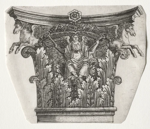 Base and Capital with Figure of Fame and Winged Horses (capital) by Master G. A., print, 1525-1550