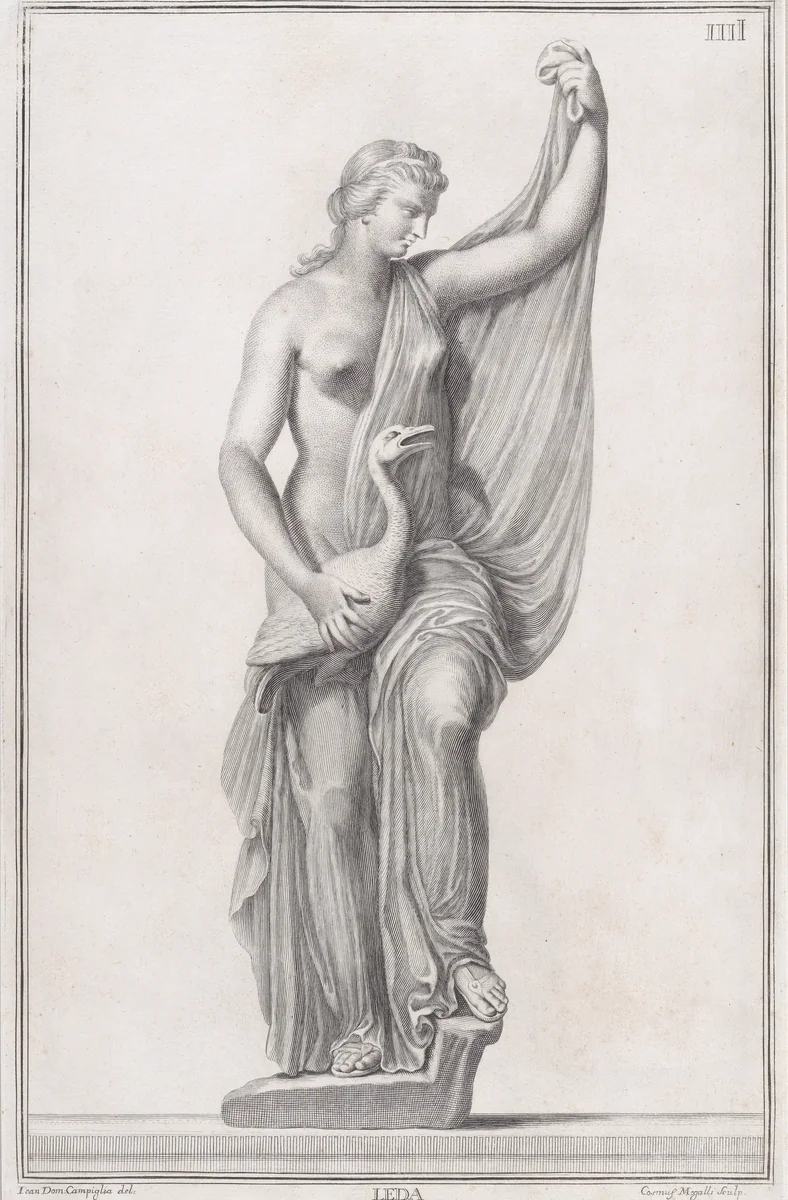 Plate IIII (4): Leda and the Swan, from "Museum Florentinum" (Statuae antiquae dorum et virorum illustrium) by Cosimo Mogalli, print, 1734