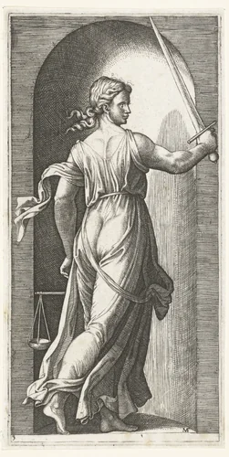 Vrouw als personificatie van Rechtvaardigheid (Justitia) met weegschaal en zwaard by Unknown, print, 1510-1527