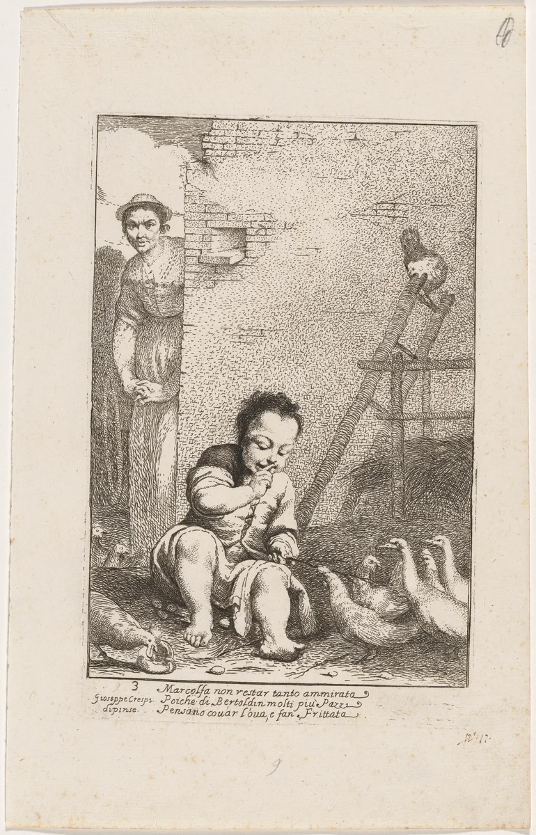 Marcolfa Sees Bertoldino Hatching Eggs by Giuseppe Maria Crespi, print, 1705-1715