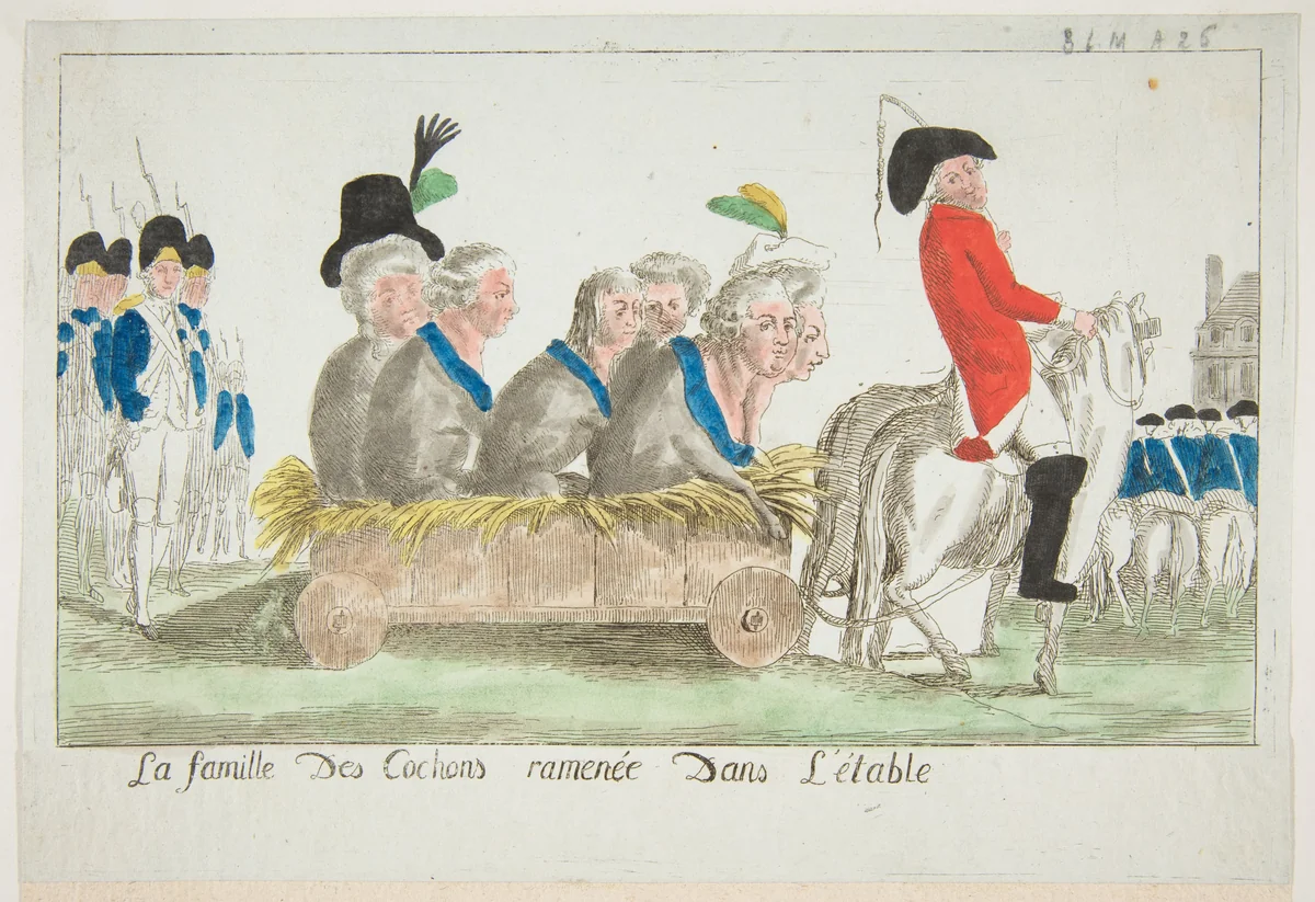 La famille des Cochons ramenée dans l'étable (The family of pigs pulled to the stable) by anonymous, print, 1791