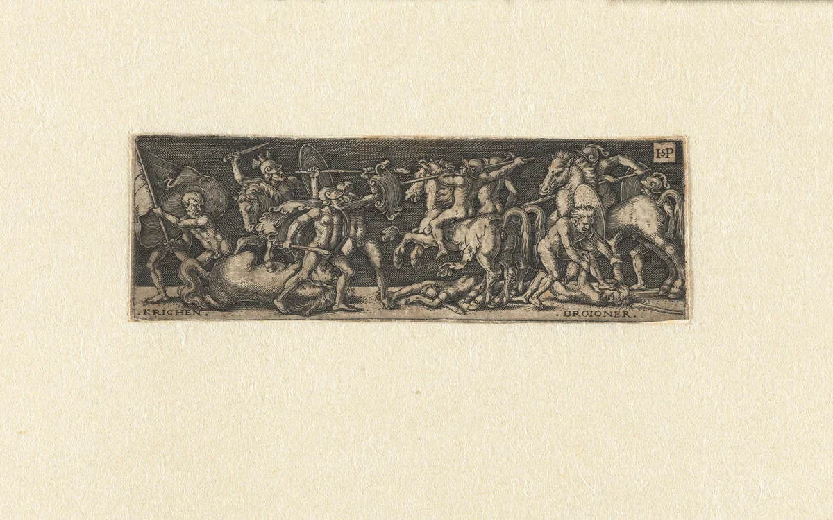 Gevecht tussen Grieken en Trojanen tijdens Trojaanse oorlog by Unknown, print, 1510-1550