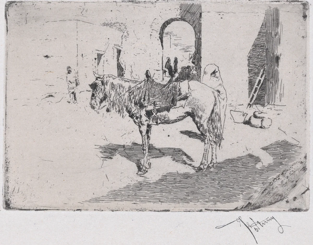 A Moroccan horse standing before an arch by Mariano Fortuny, print, 1870-1873