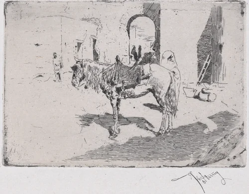 A Moroccan horse standing before an arch by Mariano Fortuny, print, 1870-1873