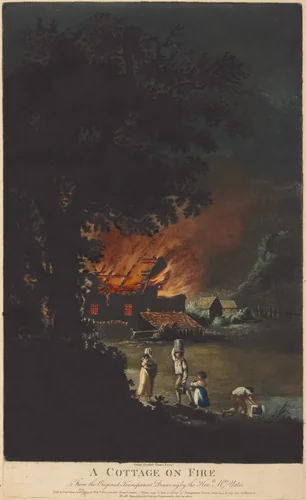 A Cottage on Fire by Charles Turner, print, 1799