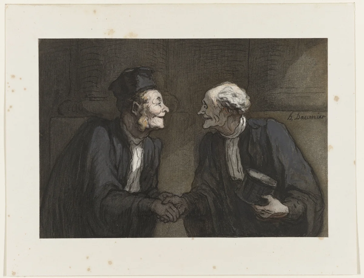 Twee advocaten drukken elkaar de hand // Deux avocats: la poignée de main by Honoré Daumier, drawing, 1818-1879