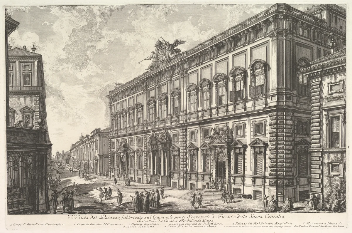 View of the Palazzo della Consulta on the Quirinal housing the Papal Secreteriat, from Vedute di Roma (Roman Views) by Giovanni Battista Piranesi, print, 1720-1780