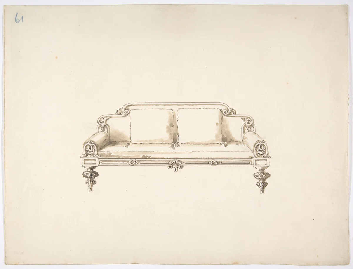 Design for a Sofa with Two Loose Cushions by anonymous, drawing, 1800-1850