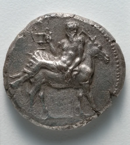 Tetradrachm: Dionysos with Kantharos on Donkey (obverse) by Unknown, metalwork, -435--425