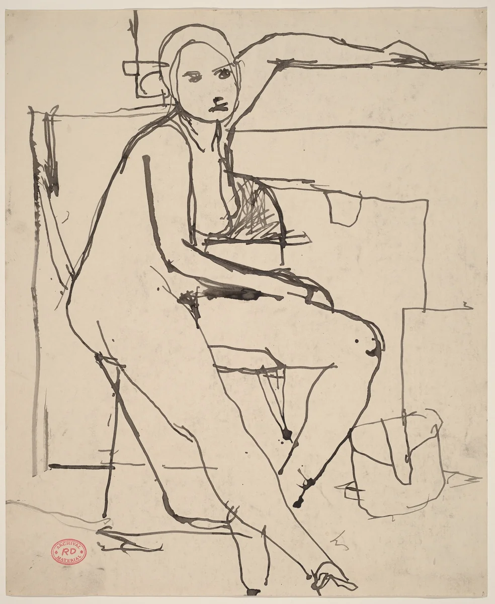 Untitled [seated nude placing her left arm along a high ledge] by Richard Diebenkorn, drawing, 1955-1967