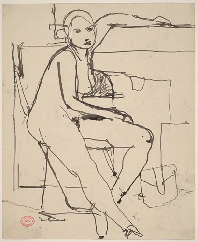 Untitled [seated nude placing her left arm along a high ledge] by Richard Diebenkorn, drawing, 1955-1967