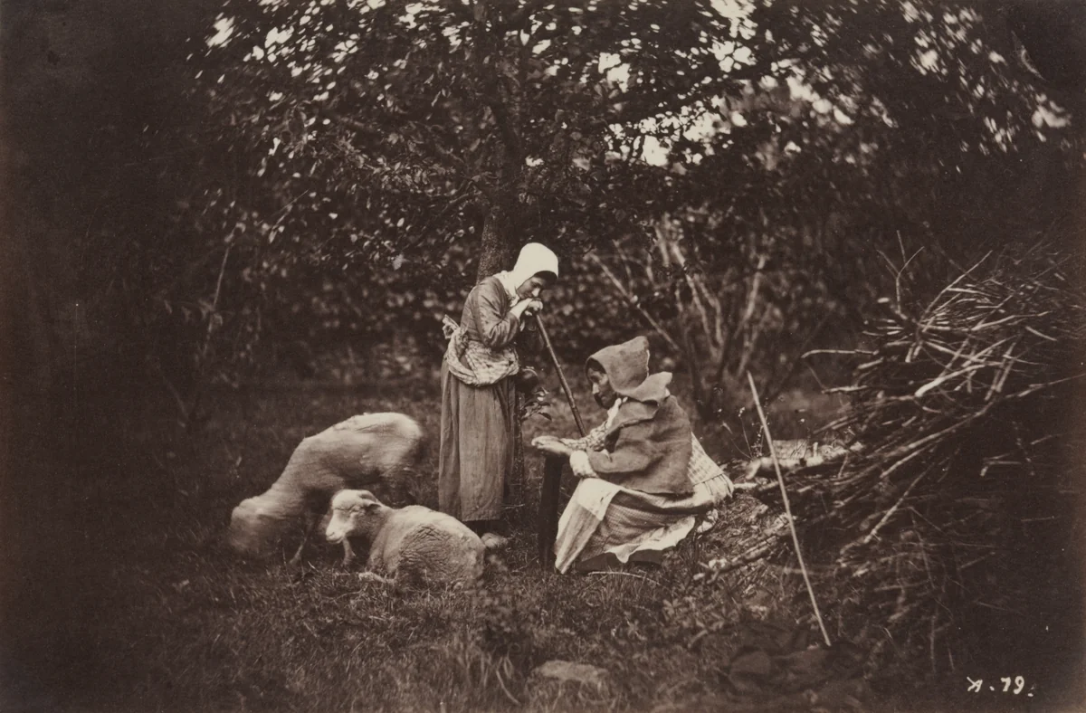Two Shepherdesses Resting with Two Sheep by Auguste Giraudon, photograph, 1870-1880