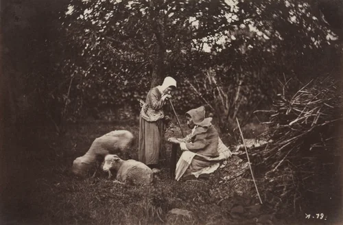 Two Shepherdesses Resting with Two Sheep by Auguste Giraudon, photograph, 1870-1880