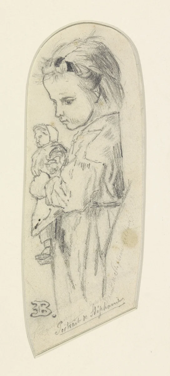 Portret van Stéphania Maria Anna Isabella de Block-Loor, staande met pop by Eugène François de Block, drawing, 1860