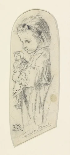 Portret van Stéphania Maria Anna Isabella de Block-Loor, staande met pop by Eugène François de Block, drawing, 1860
