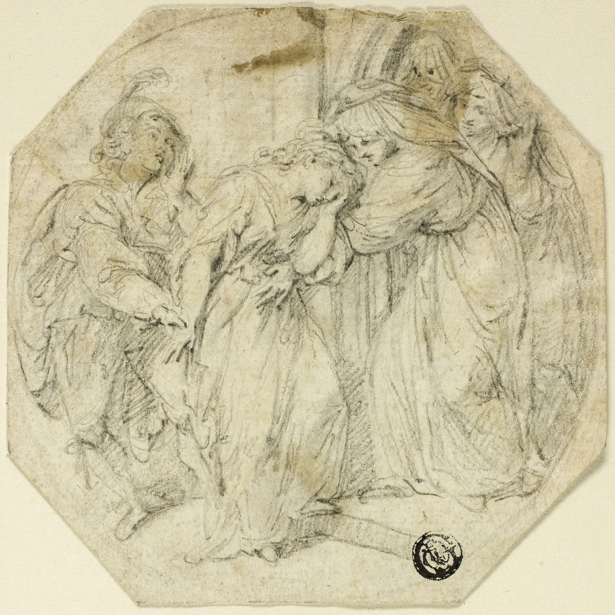 Swooning Woman at the Door of a Nunnery, Supported by Nun and Young Man by Benedetto Pastorini, drawing, 1700-1850