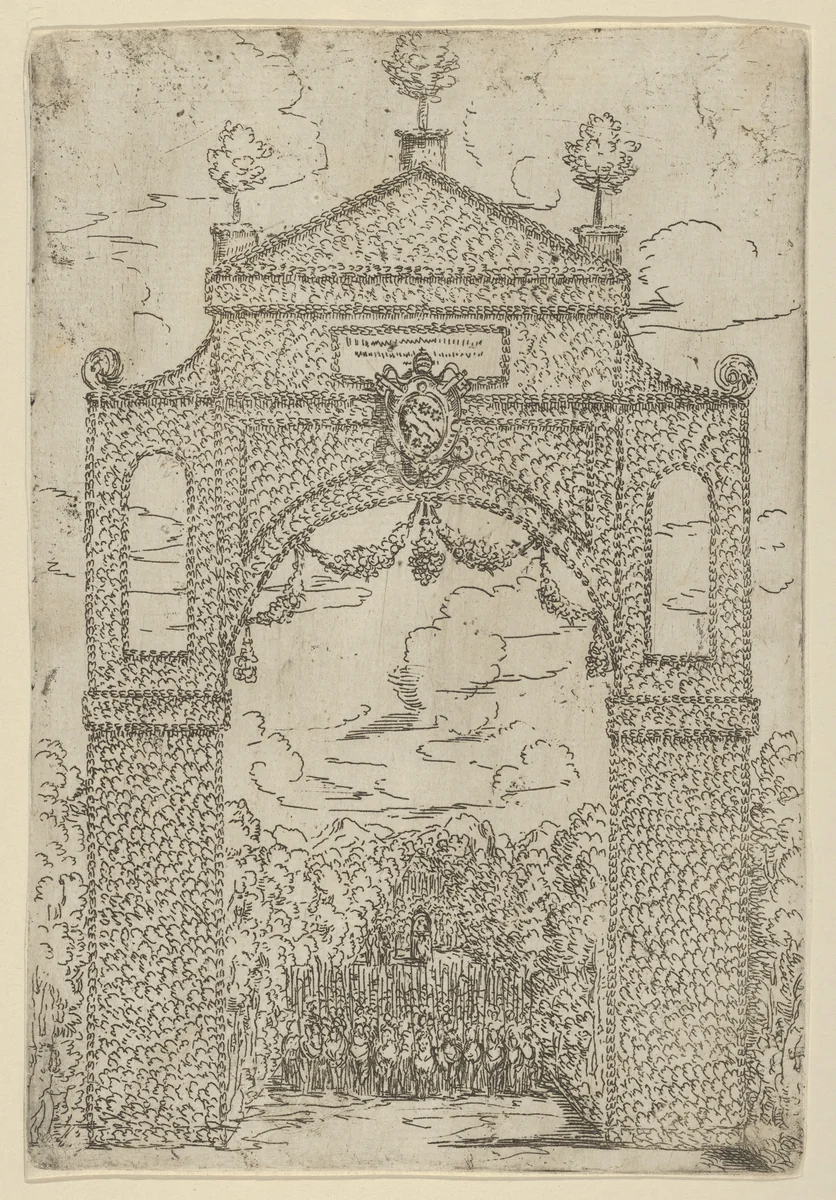 Triumphal arch covered in foliage with mounted troops below, a temporary decoration for the entry of Pope Clement VIII in Bologna in 1598 by Guido Reni, print, 1599