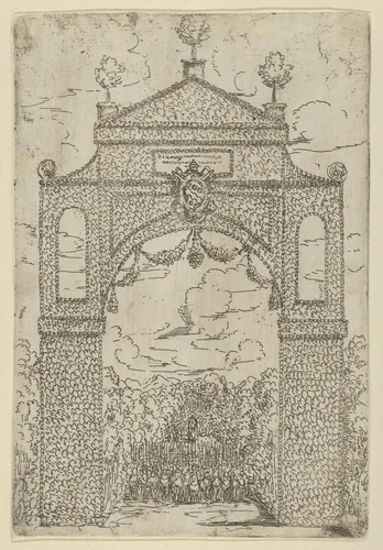 Triumphal arch covered in foliage with mounted troops below, a temporary decoration for the entry of Pope Clement VIII in Bologna in 1598 by Guido Reni, print, 1599