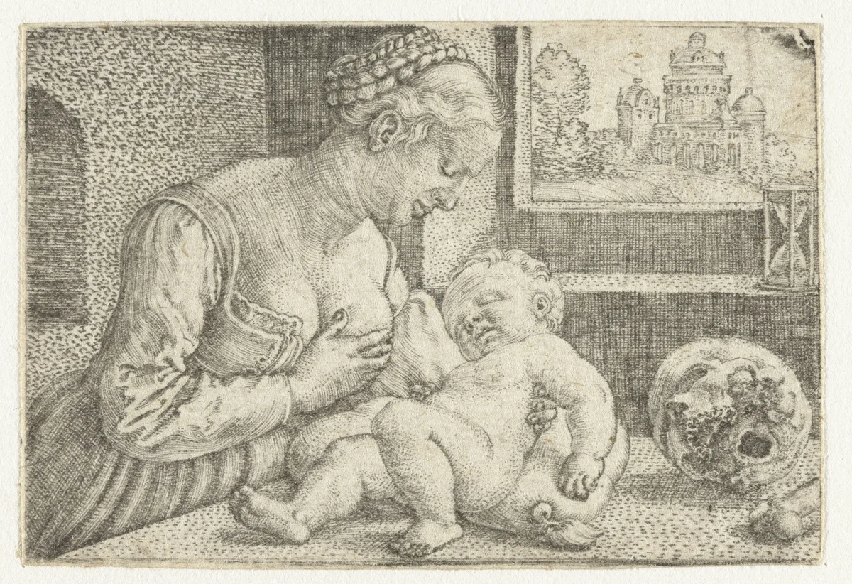 Maria met kind aan borst en schedel by Barthel Beham, print, 1512-1540