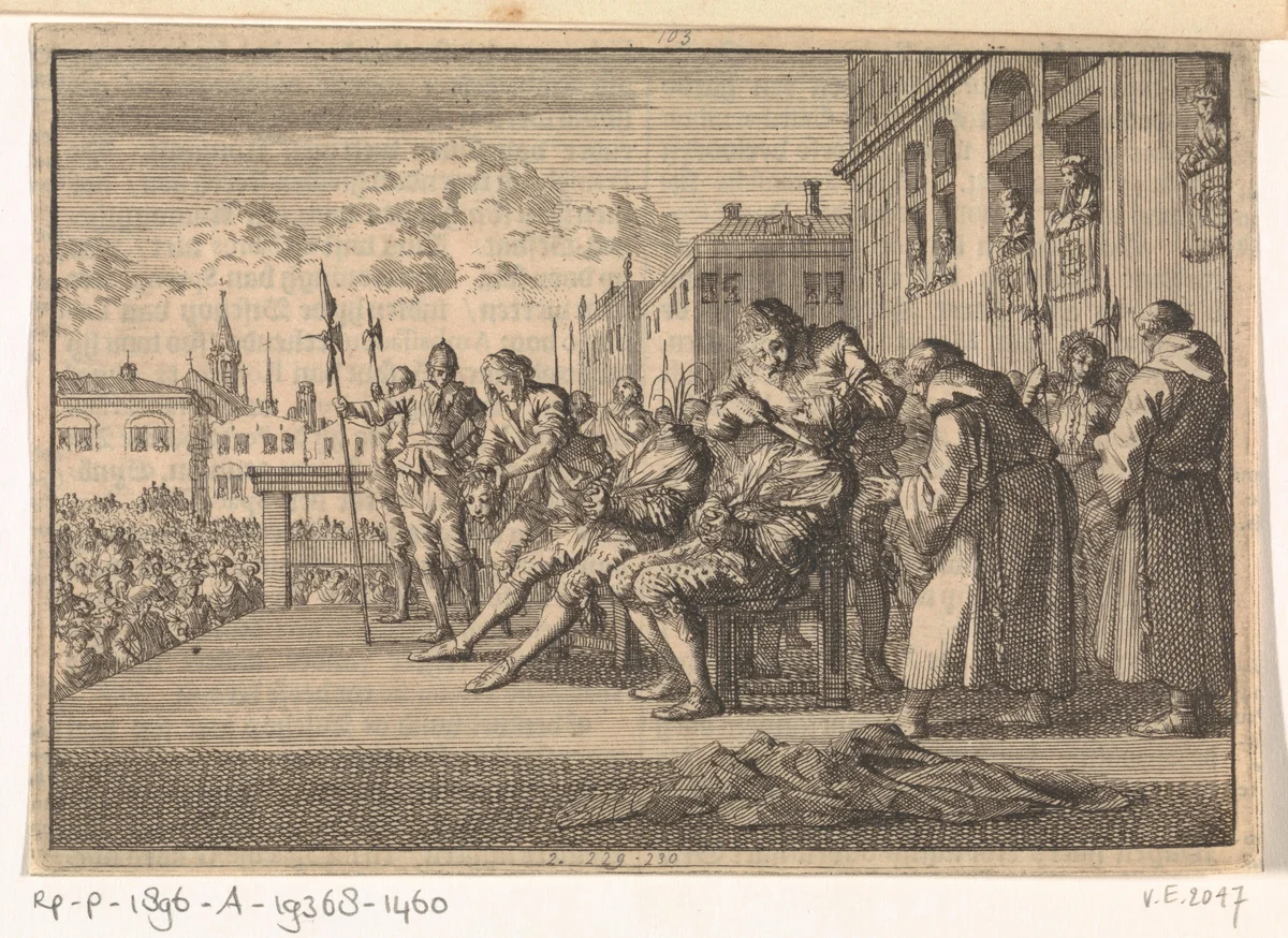 Te Madrid worden de hoofden van Don Pedro de Silva en Don Carlo di Padiglia afgesneden, 1648 by Caspar Luyken, print, 1698